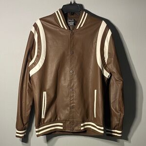 Ring of Fire Brown Varsity Jacket with White Stripes Size Large